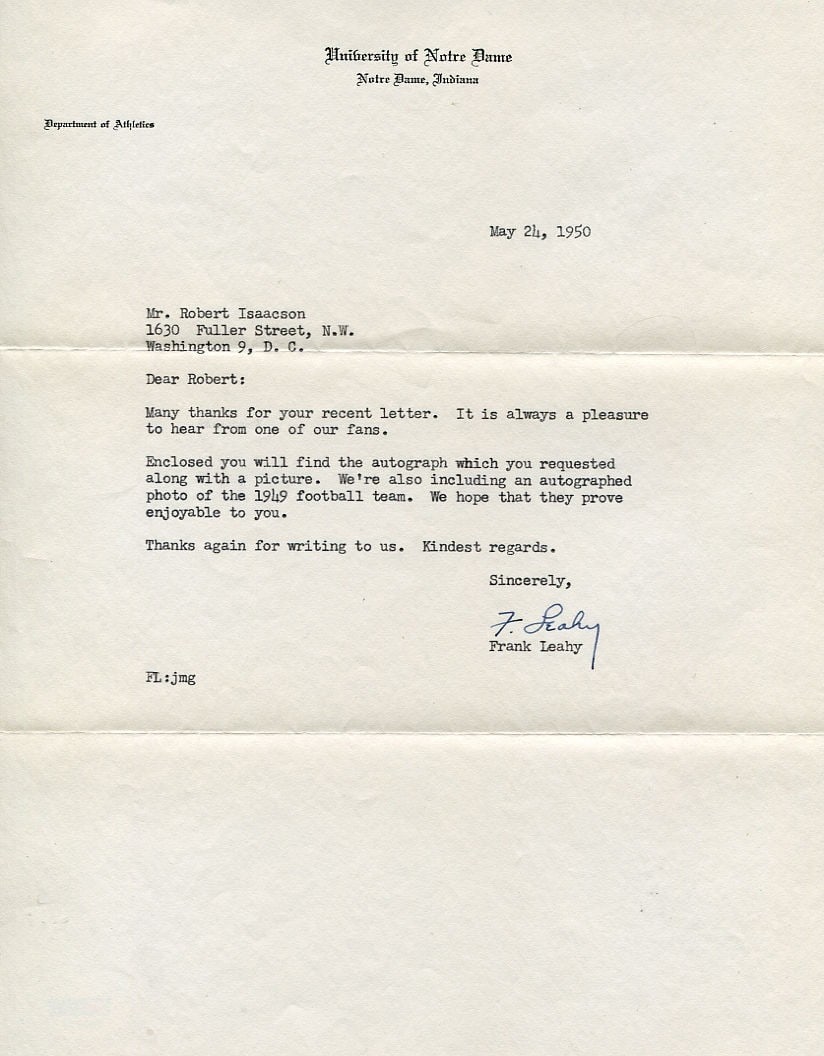 Frank Leahy Notre Dame Signed Letter Authenticated by PSA/DNA T31170 (1 of 2)