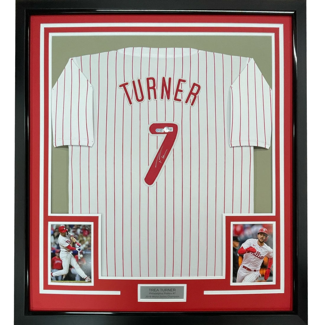 Framed Autographed Trea Turner Pinstripe Jersey Philadelphia Phillies Beckett COA: Framed Autographed Trea Turner Pinstripe Jersey Philadelphia Phillies Beckett COA Celebrate your love for baseball with this professionally framed and autographed Trea Turner pinstripe jersey. This or