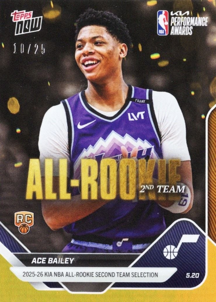 Topps Now AR07 Ace Bailey Rookie Basketball Card Orange Foil /25: Topps Now AR07 Ace Bailey Rookie Basketball Card Orange Foil /25 2025 Topps Now Ace Bailey #AR07 Orange Foil /25 rookie basketball card. This pre-owned sports trading card features the Orange Foil par