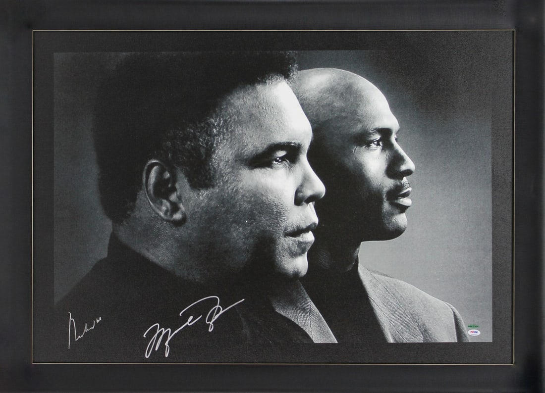 Muhammad Ali Michael Jordan Signed Framed 30x40 Canvas PSA UDA Authenticated: Muhammad Ali Michael Jordan Signed Framed 30x40 Canvas PSA UDA Authenticated This stunning authentically signed and framed canvas features the legendary Muhammad Ali and Michael Jordan. Measuring 30x4