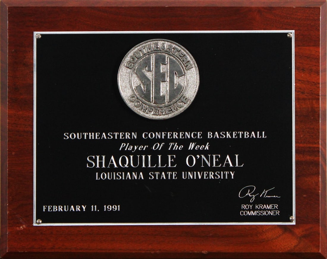 Original 1991 SEC Player of the Week plaque for Shaquille O'Neal (1 of 2)