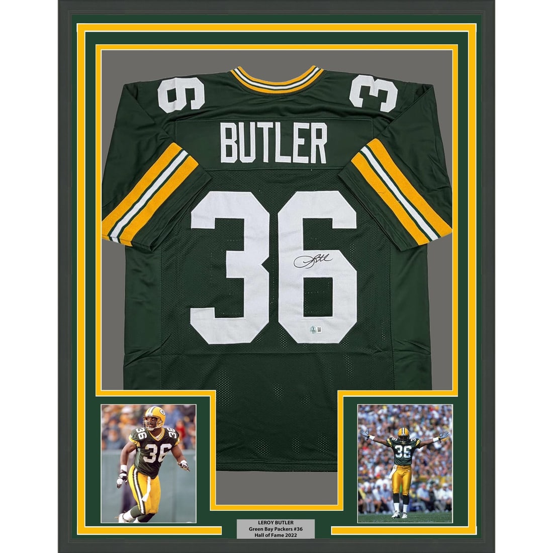 Leroy Butler signed Green Bay Packers framed jersey 35x39 Beckett COA: Leroy Butler signed Green Bay Packers framed jersey 35x39 Beckett COA Professionally framed and matted autographed Leroy Butler green football jersey. This pre-owned display includes two 5x7 photos an