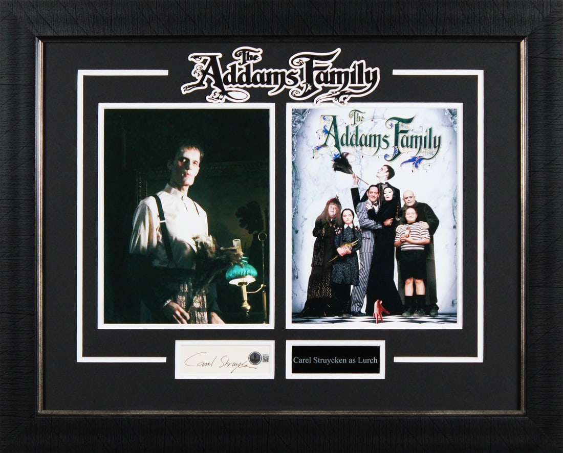 Carel Struycken Signed The Addams Family Framed Display BAS #BS86314: Carel Struycken Signed The Addams Family Framed Display BAS #BS86314 This beautifully framed display features a 1.5x4 cut signature personally signed by Carel Struycken, known for his role in The Adda