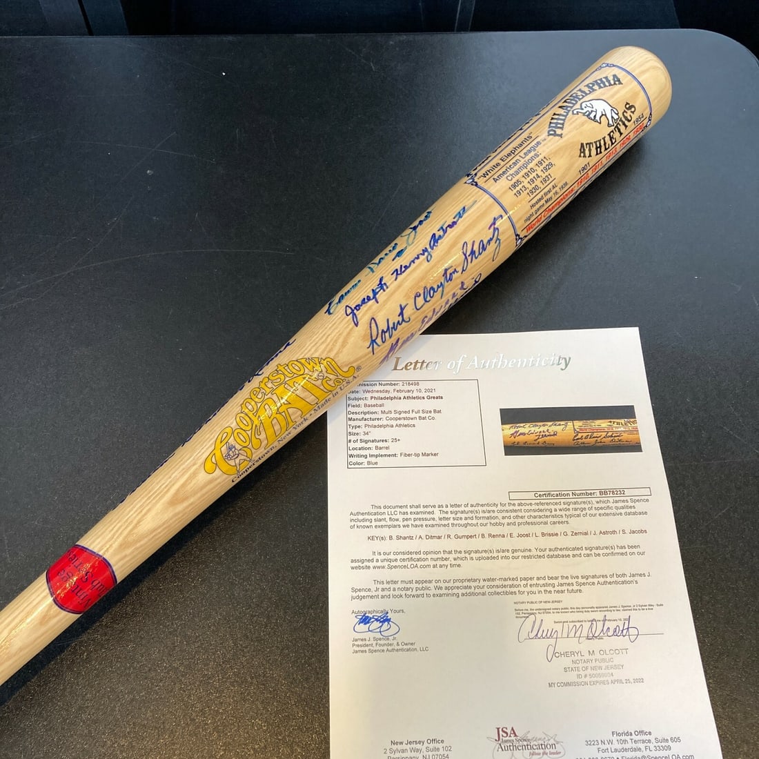 Philadelphia Athletics Alumni Bat Signed With Full Names JSA Authenticated: Philadelphia Athletics Alumni Bat Signed With Full Names JSA Authenticated This Philadelphia Athletics commemorative bat, produced by the Cooperstown Bat Company, is signed by 30 former Athletics play