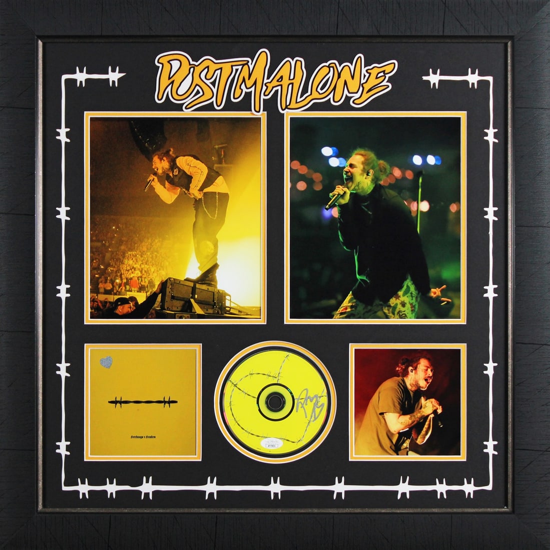 Framed Post Malone Beerbongs and Bentleys Signed CD JSA AY79831: Framed Post Malone Beerbongs and Bentleys Signed CD JSA AY79831 Framed display featuring a Beerbongs & Bentleys CD and booklet signed by Post Malone. The autograph is authenticated by JSA, and the pie
