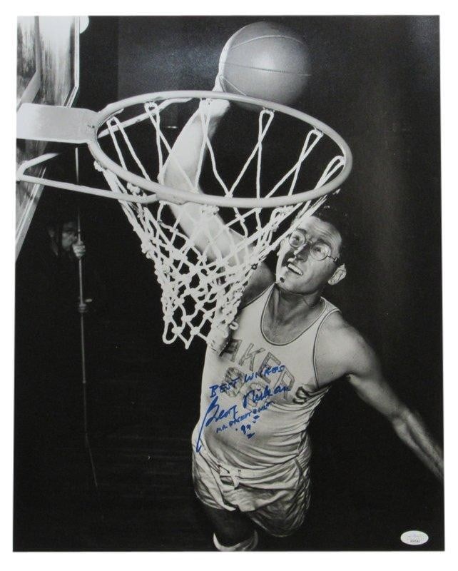 George Mikan HOF Autographed 16x20 Lakers Photo JSA Authentic: George Mikan HOF Autographed 16x20 Lakers Photo JSA Authentic This is a George Mikan Hall of Fame autographed and inscribed "Mr. Basketball" 16x20 photo featuring the legendary player of the Los Angel