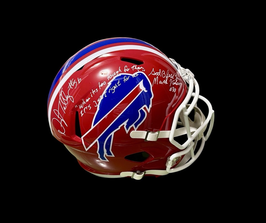 Buffalo Bills full size football helmet signed by Darryl Talley and Mark Kelso JSA: Buffalo Bills full size football helmet signed by Darryl Talley and Mark Kelso JSA Pre-owned full sized Buffalo Bills helmet signed by Darryl Talley and Mark Kelso. This original autographed football 