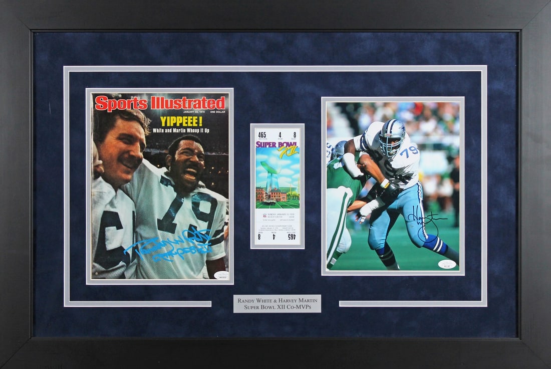 Framed Dallas Cowboys signed photo Randy White Harvey Martin JSA: Framed Dallas Cowboys signed photo Randy White Harvey Martin JSA Pre-owned original signed photo display featuring Randy White and Harvey Martin of the Dallas Cowboys. The framed presentation includes