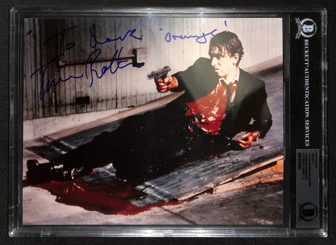 Tim Roth Reservoir Dogs Signed 8x10 Photo Inscribed Beckett Authenticated: Tim Roth Reservoir Dogs Signed 8x10 Photo Inscribed Beckett Authenticated This is an original 8x10 color photograph autographed by Tim Roth, portraying Mr. Orange in the iconic film Reservoir Dogs. Th
