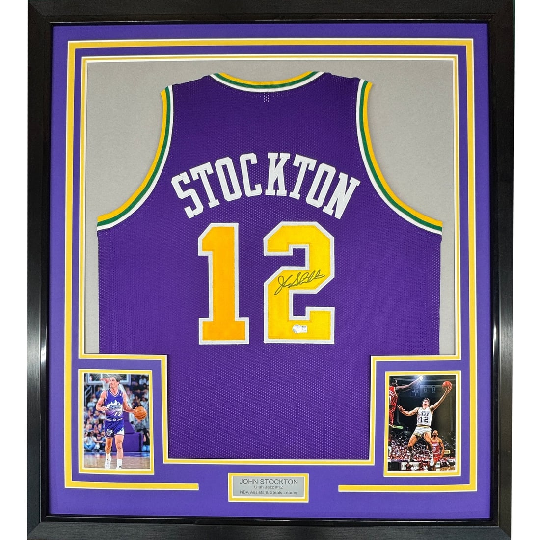 John Stockton signed Utah Jazz framed purple jersey 35x39 BAS COA: John Stockton signed Utah Jazz framed purple jersey 35x39 BAS COA Professionally framed and matted original Utah Jazz jersey signed by John Stockton. This pre-owned display includes two 5x7 photos and