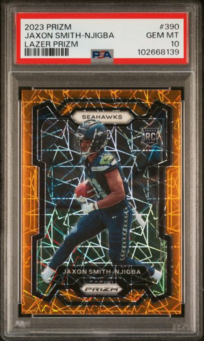 PSA 10 Jaxon Smith-Njigba 2023 Lazer Prizm NFL Rookie Card: PSA 10 Jaxon Smith-Njigba 2023 Lazer Prizm NFL Rookie Card This is a 2023 Panini Prizm Jaxon Smith-Njigba #390 Lazer Prizm Rookie Card, professionally encapsulated and graded PSA 10 by Professional Sp