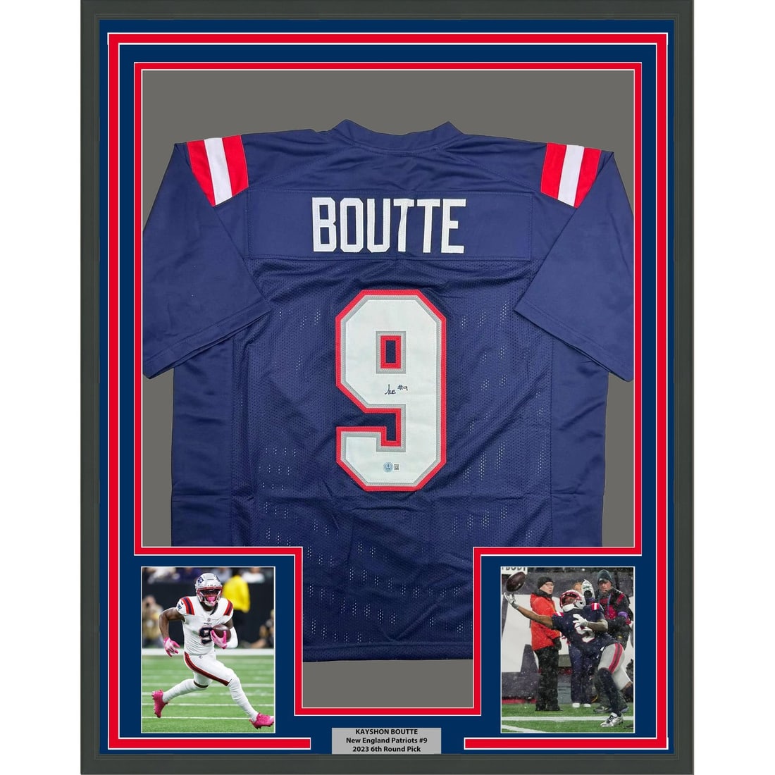 Kayshon Boutte signed framed New England Patriots blue jersey 35x39 Beckett COA: Kayshon Boutte signed framed New England Patriots blue jersey 35x39 Beckett COA Professionally framed and matted autographed Kayshon Boutte jersey display featuring a blue jersey and two 5x7 photos. T