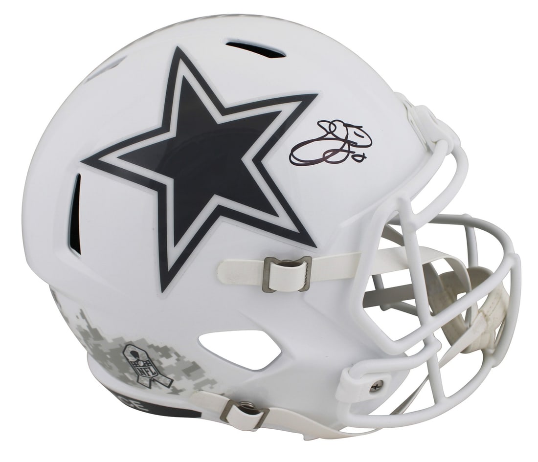 Emmitt Smith Autographed Dallas Cowboys Salute To Service III Helmet BAS Certified: Emmitt Smith Autographed Dallas Cowboys Salute To Service III Helmet BAS Certified This authentic Emmitt Smith signed helmet is a must-have for Dallas Cowboys fans. The helmet is an Alternate 2024 Sal