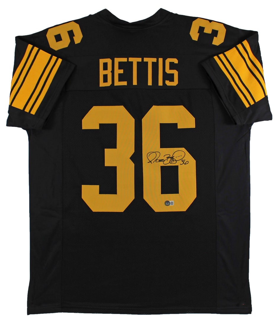 Jerome Bettis Autographed Black Custom Jersey With Yellow Numbers BAS COA: Jerome Bettis Autographed Black Custom Jersey With Yellow Numbers BAS COA This black pro style jersey features yellow numbers and has been personally signed by Jerome Bettis of the Pittsburgh Steelers