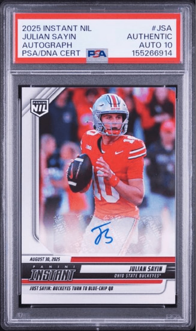 PSA 10 Julian Sayin 2025 Panini Instant NIL RC Auto /99: PSA 10 Julian Sayin 2025 Panini Instant NIL RC Auto /99 Graded 2025 Panini Instant Julian Sayin #JSA rookie card with an autograph and serial numbering to 99. The card is encapsulated and graded by PS