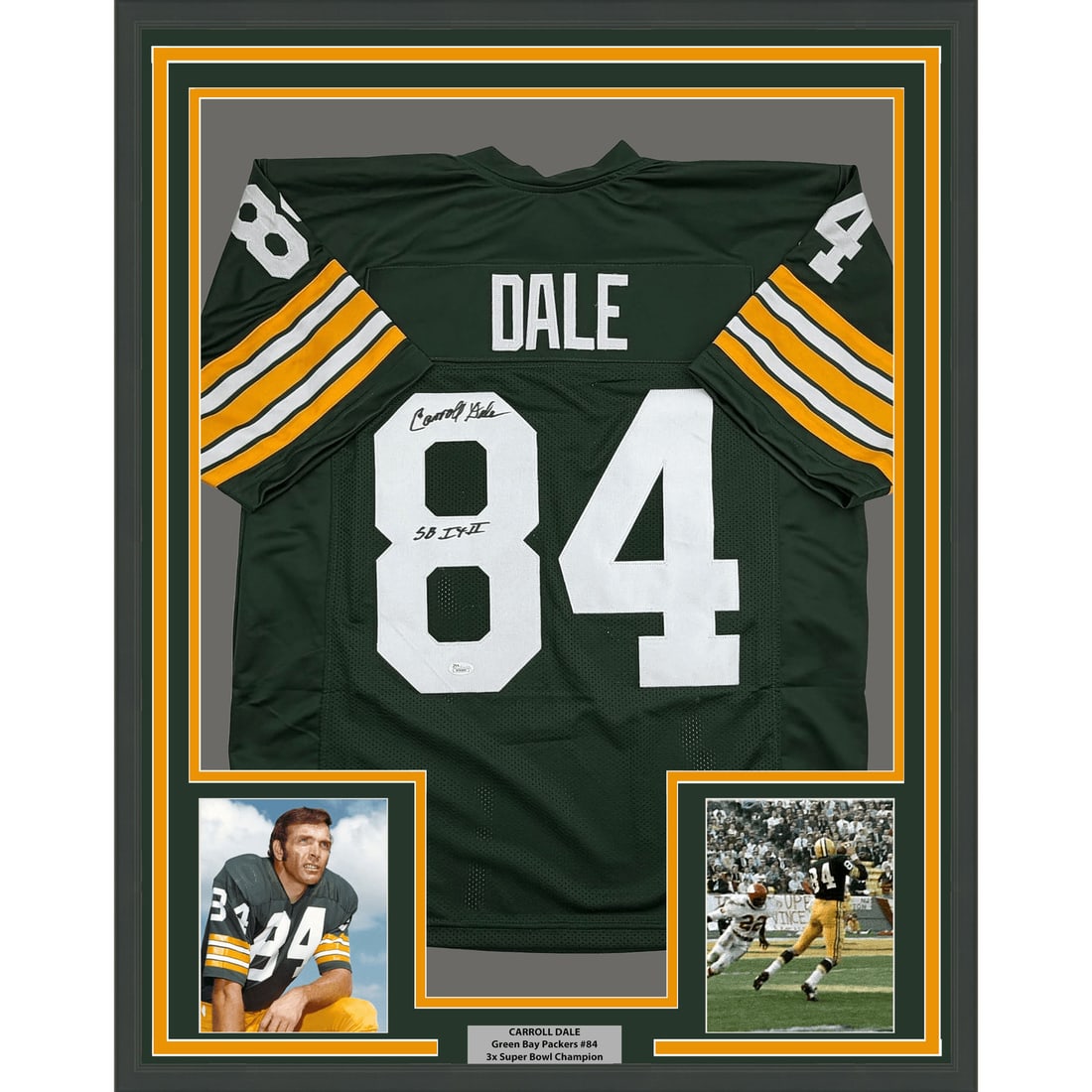 Carroll Dale signed framed Green Bay Packers football jersey JSA 35x39: Carroll Dale signed framed Green Bay Packers football jersey JSA 35x39 Professionally framed autographed Carroll Dale Green Bay Packers football jersey. This original signed jersey is matted with two 