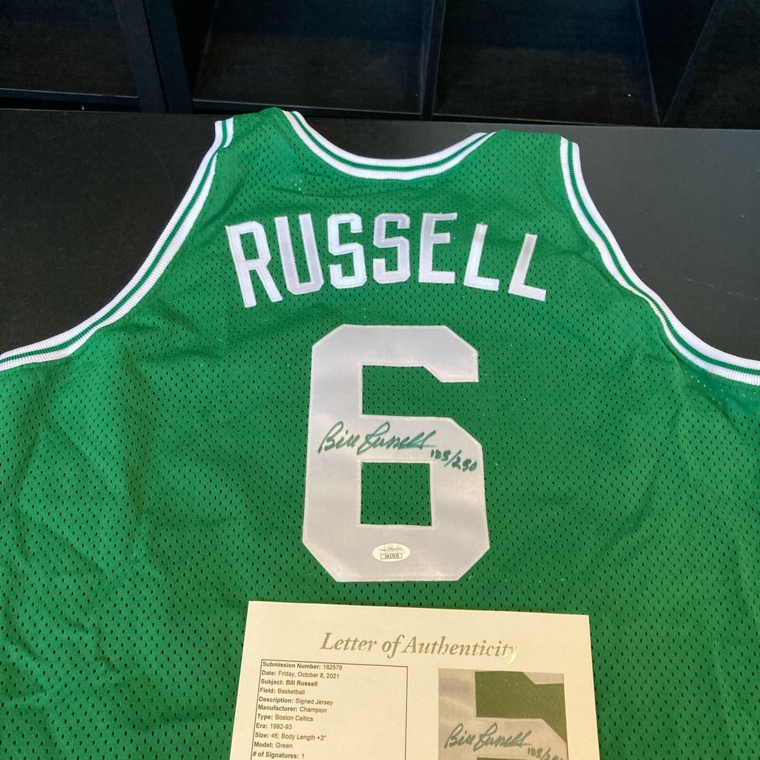 Bill Russell Autographed Boston Celtics 1992-93 Pro Cut Jersey With JSA Authentication: Bill Russell Autographed Boston Celtics 1992-93 Pro Cut Jersey With JSA Authentication This is a rare, authentic 1992-93 Boston Celtics pro cut jersey signed by legendary player Bill Russell. The jers