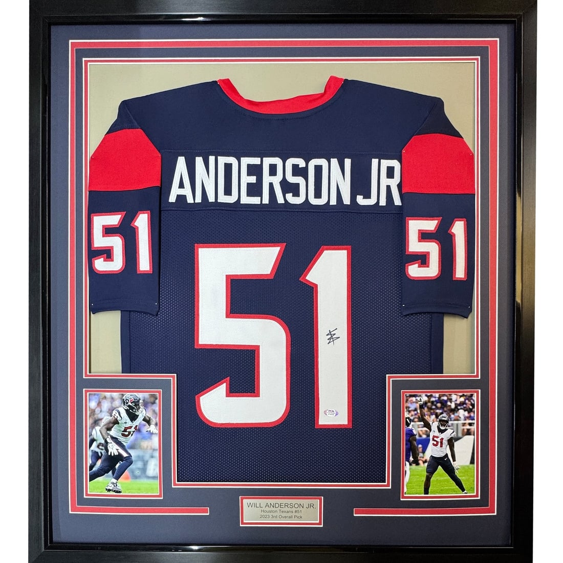 PSA authenticated framed Will Anderson signed Houston Texans blue jersey: PSA authenticated framed Will Anderson signed Houston Texans blue jersey Professionally framed and matted original blue Will Anderson Jr. autographed jersey display with two 5x7 photos. This pre-owned