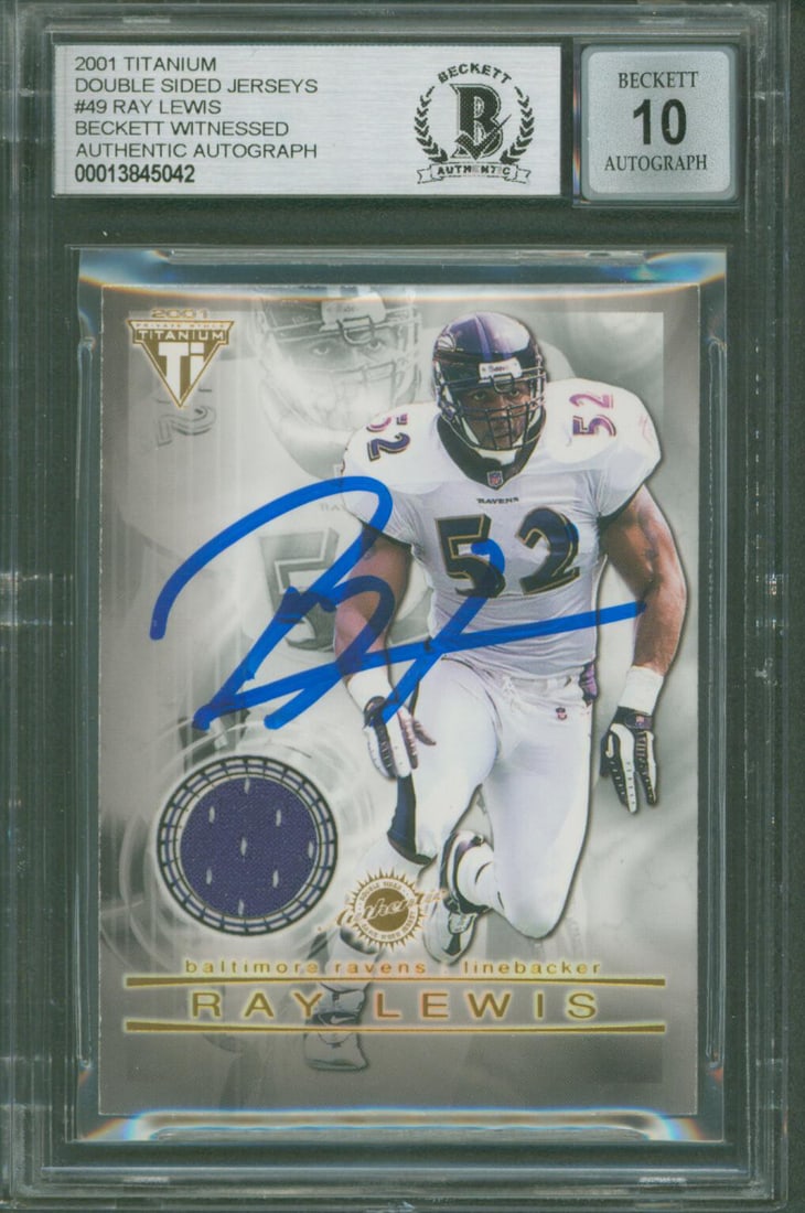 Ray Lewis Signed 2001 Titanium Double Sided #49 Card Gem Mint 10 BAS: Ray Lewis Signed 2001 Titanium Double Sided #49 Card Gem Mint 10 BAS Celebrate the legacy of Ray Lewis with this signed 2001 Titanium Double Sided Jerseys #49 card. This unique collectible features Ra