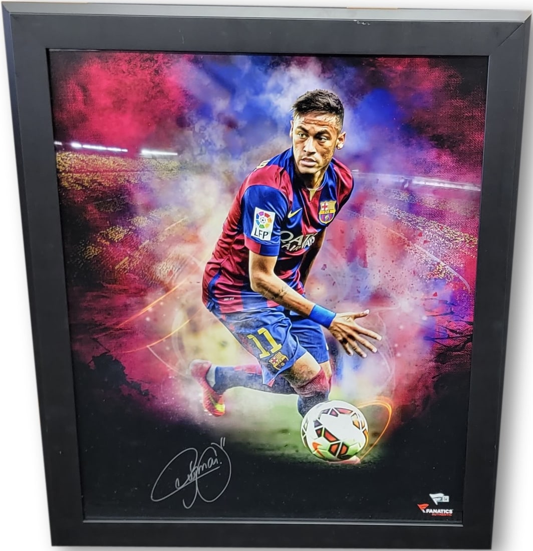Neymar Jr Hand Signed Framed Photo FC Barcelona Authenticated by Fanatics: Neymar Jr Hand Signed Framed Photo FC Barcelona Authenticated by Fanatics This is a stunning framed autographed photo of Neymar Jr, a renowned player from FC Barcelona. The photo is original and has b