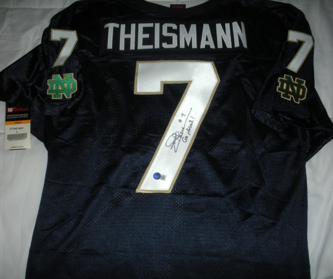 Signed Wilson Notre Dame jersey Joe Theismann Beckett COA: Signed Wilson Notre Dame jersey Joe Theismann Beckett COA This is an official licensed Wilson jersey signed by Joe Theismann, featuring authentication by Beckett/COA. The jersey represents Notre Dame 