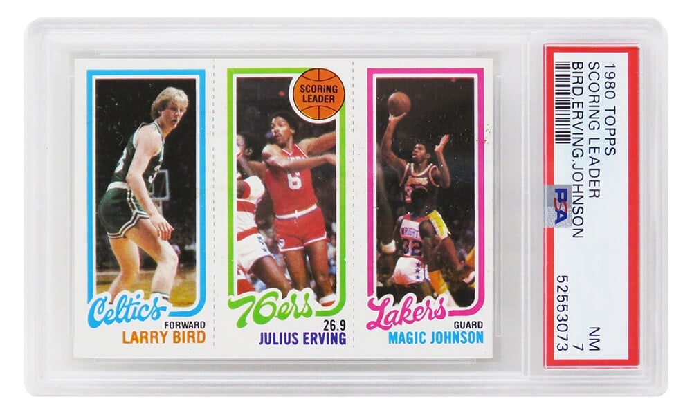 1980 Topps Basketball Scoring Leader Card Bird Johnson Erving PSA 7: 1980 Topps Basketball Scoring Leader Card Bird Johnson Erving PSA 7 This 1980 Topps Scoring Leader Card features basketball legends Larry Bird, Magic Johnson, and Julius Erving. The card showcases Mag