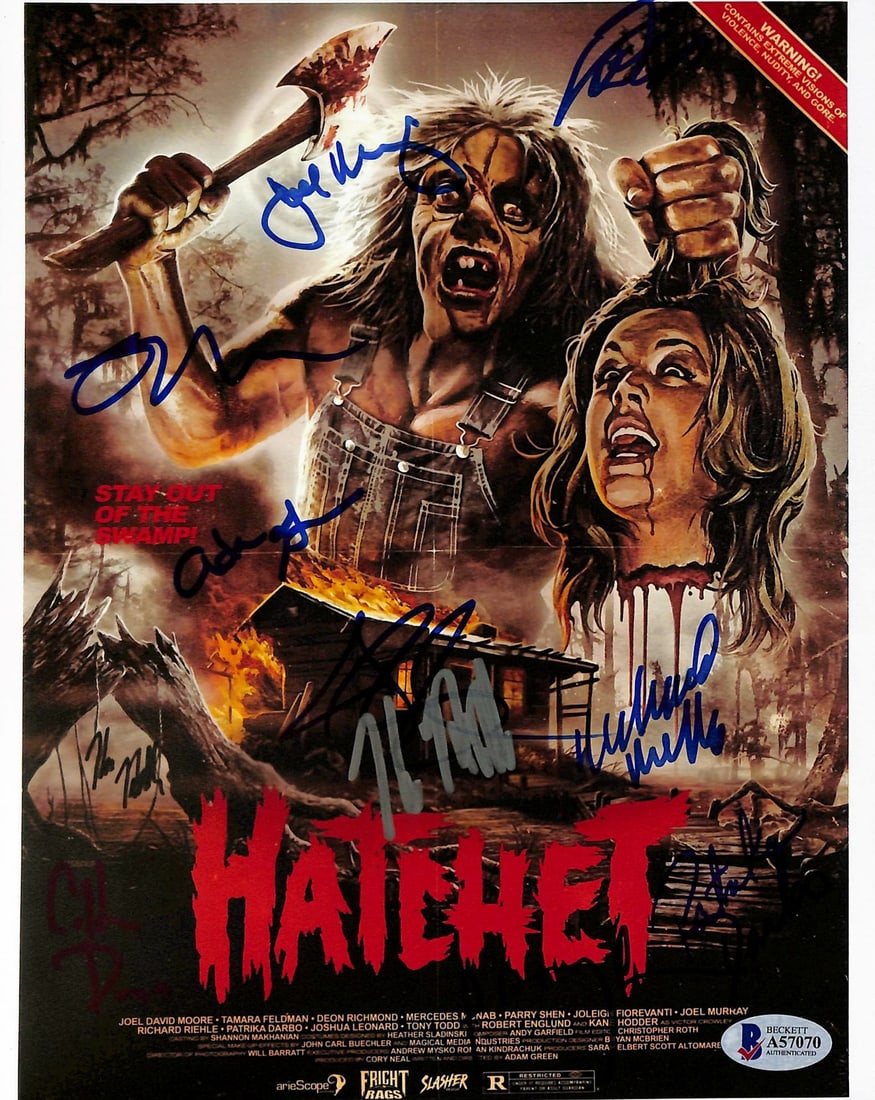 8x10 Photo Signed by 10 Hatchet Cast BAS Authenticated: 8x10 Photo Signed by 10 Hatchet Cast BAS Authenticated This 8x10 photo from the film "Hatchet" has been personally signed by Kane Hodder, Adam Green, Colton Dunn, Parry Shen, Mercedes McNab, Joel Murr