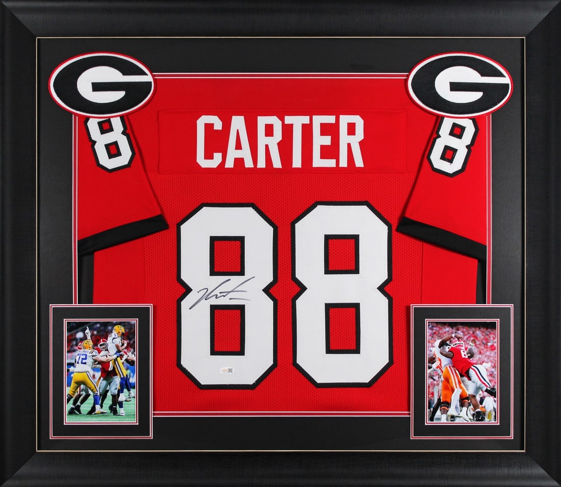 Framed Red Pro Style Jersey Signed by Jalen Carter JSA Witness: Framed Red Pro Style Jersey Signed by Jalen Carter JSA Witness This is an autographed red pro style framed jersey personally signed by Jalen Carter of the Georgia Bulldogs. It is an original item with