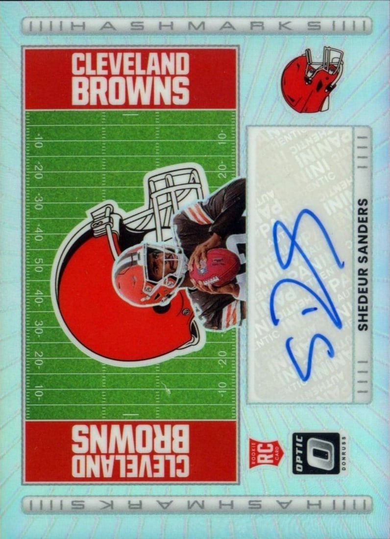 Shedeur Sanders 2025 Hashmarks Prizm Rookie Autograph NFL Card Panini Authenticated: Shedeur Sanders 2025 Hashmarks Prizm Rookie Autograph NFL Card Panini Authenticated This 2025 Donruss Optic Shedeur Sanders #HM-SS Hashmarks Prizm Auto RC football card features an authentic autograph