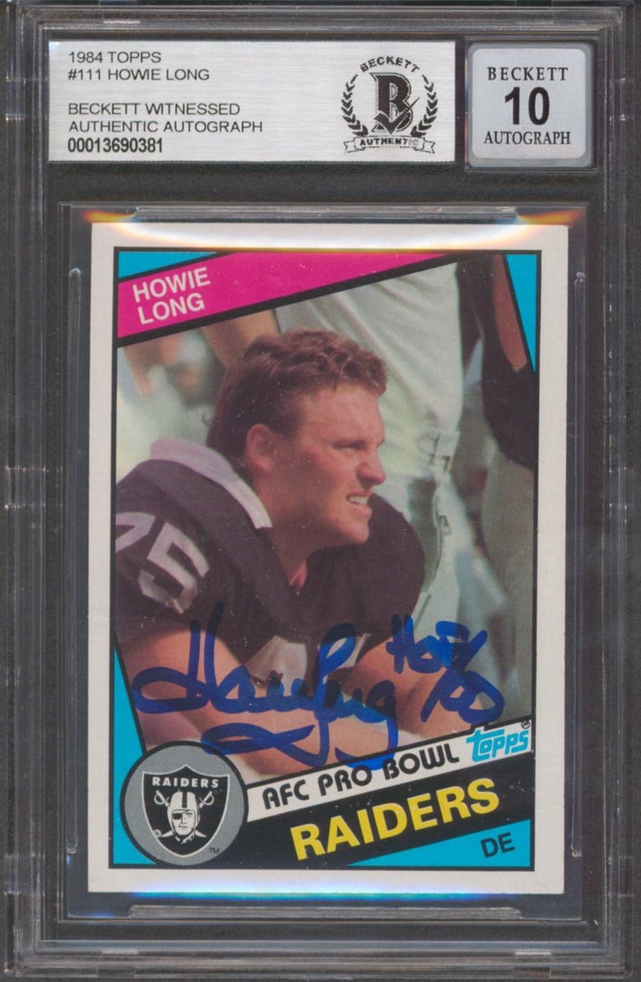 Howie Long Signed 1984 Topps #111 Rookie Card HOF 00 Gem Mint 10 Raiders: Howie Long Signed 1984 Topps #111 Rookie Card HOF 00 Gem Mint 10 Raiders This is a signed 1984 Topps #111 rookie card of Howie Long, featuring the inscription "HOF 00". Graded Gem Mint 10 by Beckett, 