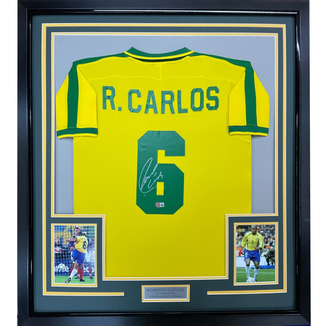 Framed Roberto Carlos Autographed Yellow Retro Jersey BAS COA (1 of 2)
