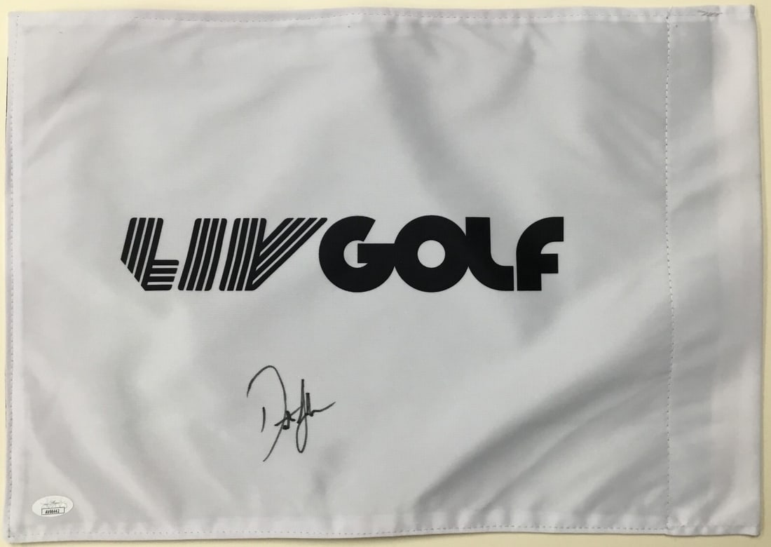 Dustin Johnson Signed LIV 18 Pin Flag JSA Authenticated #AV66442: Dustin Johnson Signed LIV 18 Pin Flag JSA Authenticated #AV66442 This is an officially licensed LIV 18 pin flag, hand-signed by PGA star Dustin Johnson. The autograph is authenticated by James Spence 