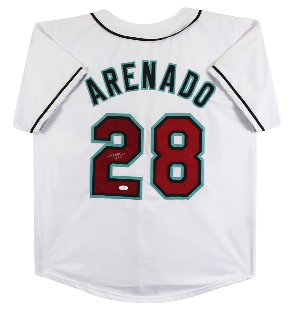 Nolan Arenado signed Arizona Diamondbacks white pro style jersey JSA: Nolan Arenado signed Arizona Diamondbacks white pro style jersey JSA This white pro style jersey has been personally autographed by Nolan Arenado of the Arizona Diamondbacks. The jersey is a custom-st