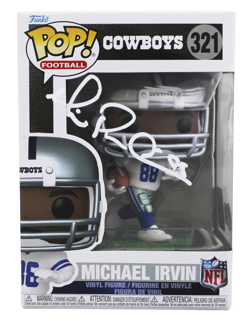Michael Irvin Autographed Cowboys Funko Pop 321 BAS Witnessed Hologram: Michael Irvin Autographed Cowboys Funko Pop 321 BAS Witnessed Hologram This Michael Irvin #321 Funko Pop Vinyl Figure features the authentic signature of the Dallas Cowboys player. The autograph has b