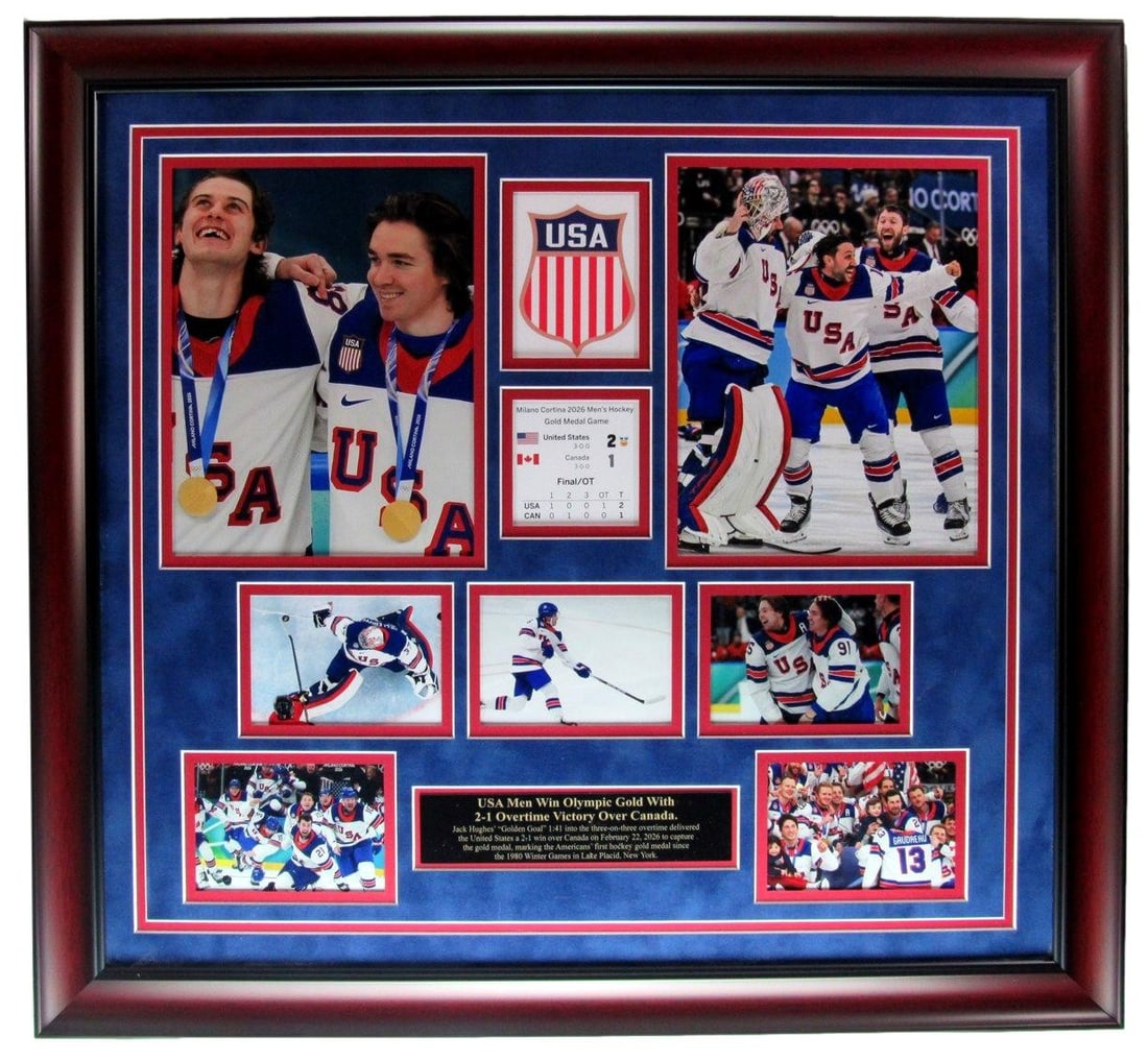 Framed 2026 USA Men's Olympic Gold Medal Hockey Team Photo Collage: Framed 2026 USA Men's Olympic Gold Medal Hockey Team Photo Collage Professionally framed commemorative photo collage celebrating the 2026 USA Men's Olympic Gold Medal Hockey Team. This pre-owned displ