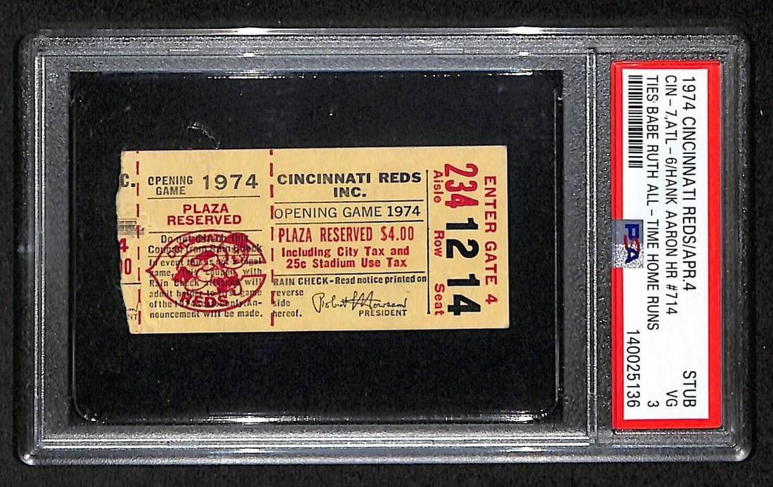 1974 Braves vs Reds Ticket Stub Hank Aaron HR 714 PSA DNA VG 3: 1974 Braves vs Reds Ticket Stub Hank Aaron HR 714 PSA DNA VG 3 Original 1974 ticket stub from the Braves vs. Reds game in which Hank Aaron hit home run #714. The stub is authenticated and graded VG-3 
