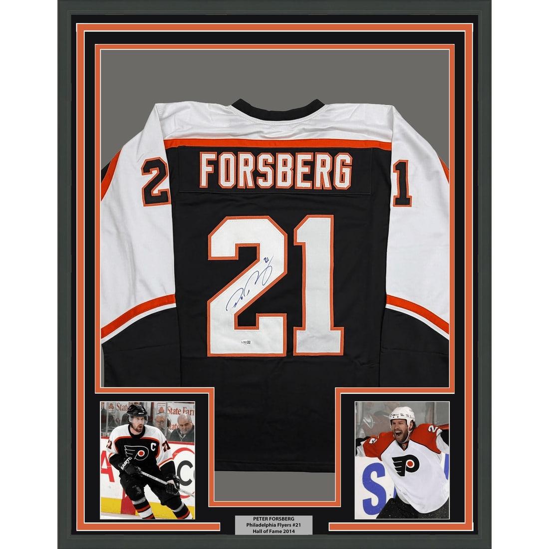 Peter Forsberg signed framed Flyers black jersey 35x39 JSA authenticated: Peter Forsberg signed framed Flyers black jersey 35x39 JSA authenticated Professionally framed and matted autographed Philadelphia Flyers black jersey signed by Peter Forsberg. This original hockey me