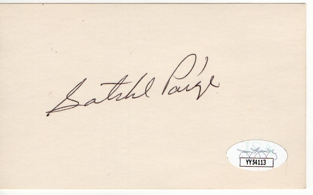 Satchel Paige 3x5 Autographed Index Card With JSA Authentication: Satchel Paige 3x5 Autographed Index Card With JSA Authentication This is an original index card autographed by baseball legend Satchel Paige. The card measures 3 x 5 inches and has been authenticated 