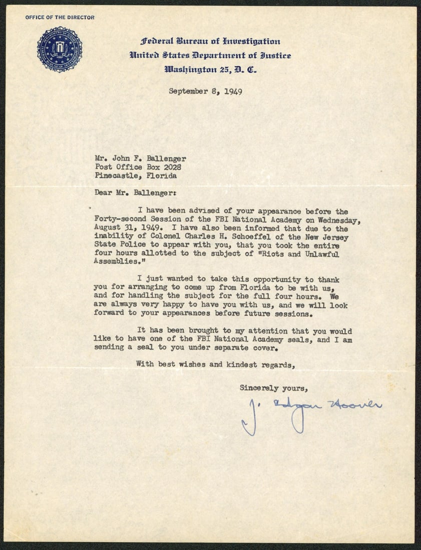 1949 FBI Letterhead Letter Signed by J Edgar Hoover Beckett COA (1 of 2)
