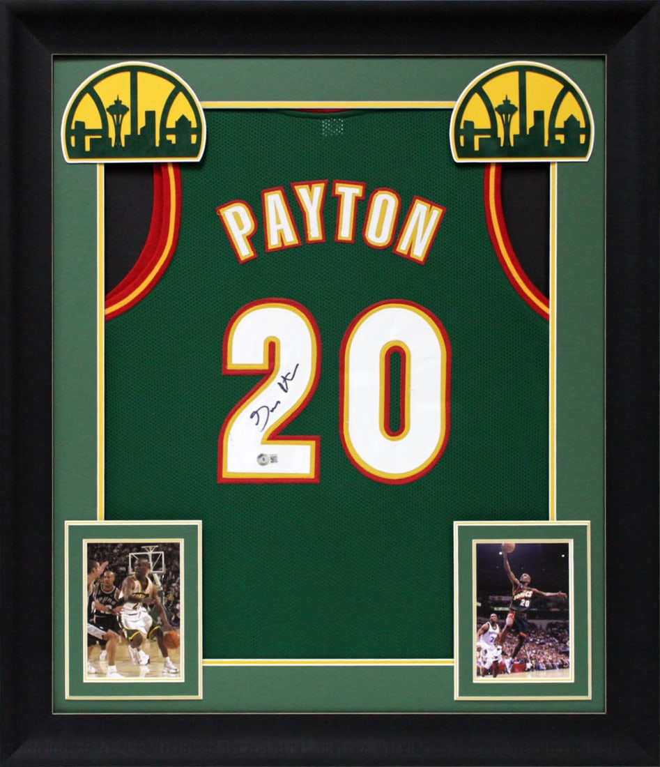Framed Gary Payton Signed Seattle Supersonics Green Jersey BAS (1 of 1)