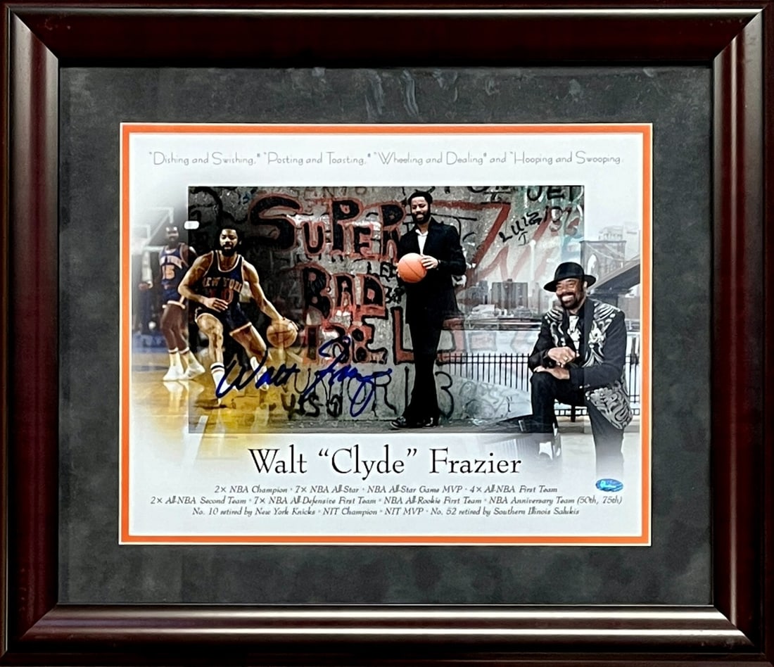 Walt Clyde Frazier Signed Photo Custom Framed Display 22 x 17 New York Knicks: Walt Clyde Frazier Signed Photo Custom Framed Display 22 x 17 New York Knicks This stunning display features a custom-designed photo collage of Walt "Clyde" Frazier, a legendary Hall of Famer known fo