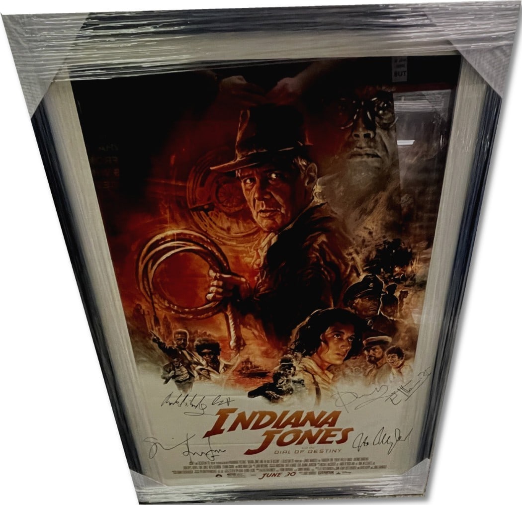 Indiana Jones Dial Of Destiny Cast Signed Poster Framed JSA Authenticated: Indiana Jones Dial Of Destiny Cast Signed Poster Framed JSA Authenticated This Indiana Jones Dial Of Destiny cast poster features the authentic signatures of prominent actors including Harrison Ford, 