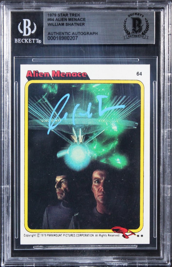 William Shatner Signed 1979 Star Trek #64 Alien Menace Card Beckett Authenticated: William Shatner Signed 1979 Star Trek #64 Alien Menace Card Beckett Authenticated This authentic autographed 1979 Star Trek #64 Alien Menace Card has been personally signed by William Shatner, the ico