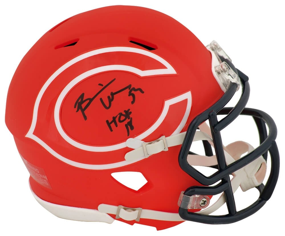 Brian Urlacher Signed Chicago Bears Mini Helmet HOF 18 with COA: Brian Urlacher Signed Chicago Bears Mini Helmet HOF 18 with COA Celebrate the legacy of Brian Urlacher with this signed Chicago Bears AMP Riddell mini helmet. This collectible features the inscription