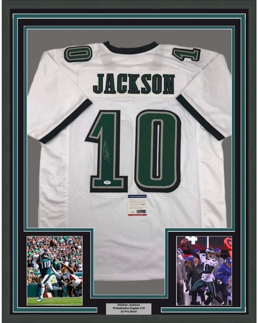 PSA authenticated framed DeSean Jackson Eagles signed white jersey 35x39: PSA authenticated framed DeSean Jackson Eagles signed white jersey 35x39 Professionally framed and matted signed DeSean Jackson Philadelphia Eagles white jersey. This original autographed football dis