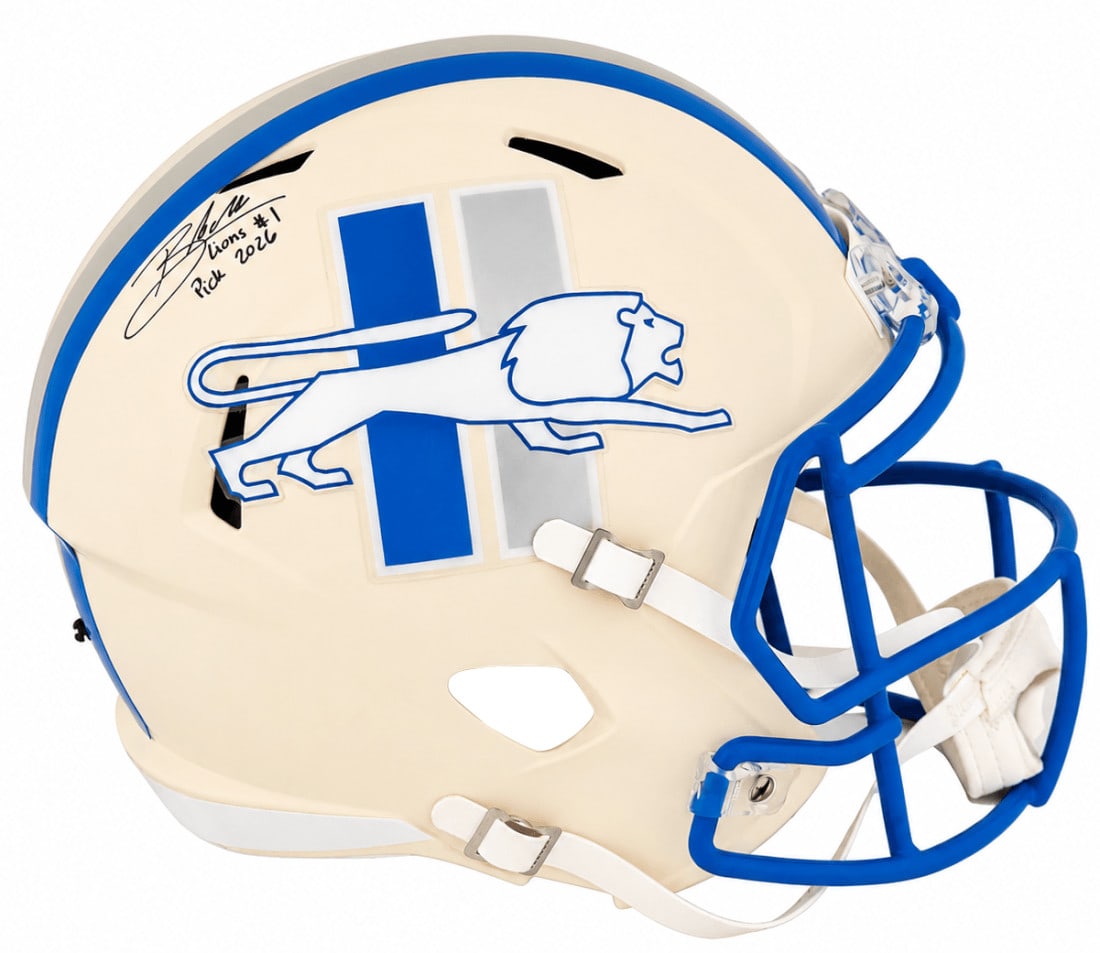 Detroit Lions full size Riddell replica helmet signed by Blake Miller: Detroit Lions full size Riddell replica helmet signed by Blake Miller Pre-owned Detroit Lions retro Riddell full-size speed replica helmet signed by Blake Miller and inscribed "Lions #1 Pick 2026." In
