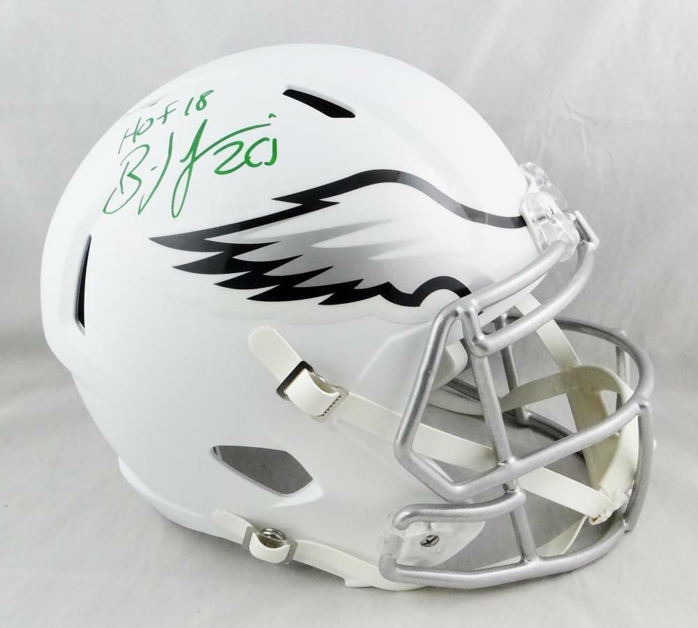Philadelphia Eagles full size Speed helmet signed by Brian Dawkins Beckett: Philadelphia Eagles full size Speed helmet signed by Brian Dawkins Beckett This is an original full-size flat white speed helmet signed by Brian Dawkins. It features Philadelphia Eagles branding and i