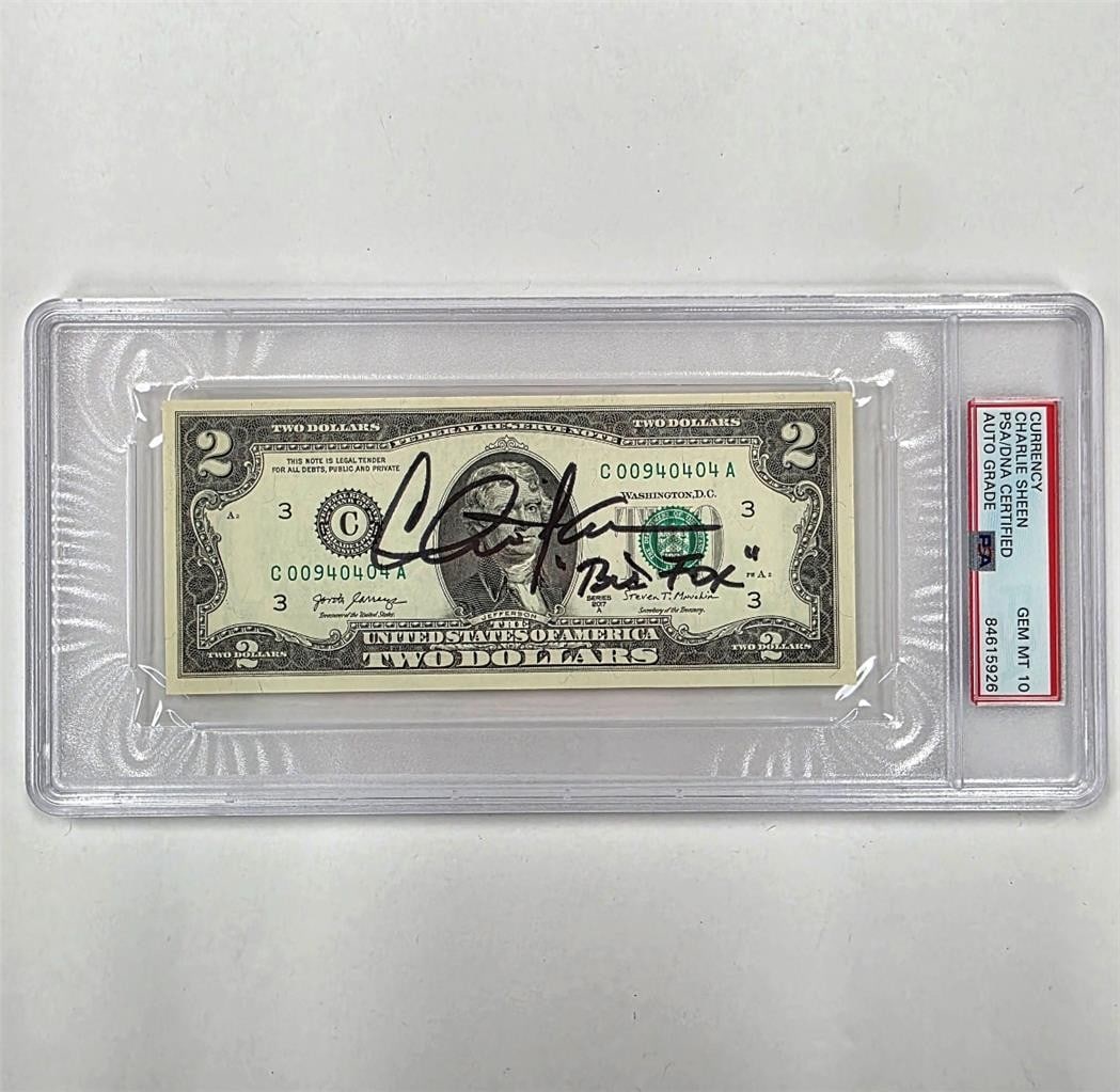 Charlie Sheen Autographed Two Dollar Bill Wall Street Bud Fox PSA DNA Gem Mint 10: Charlie Sheen Autographed Two Dollar Bill Wall Street Bud Fox PSA DNA Gem Mint 10 This original $2 bill is signed by Charlie Sheen, who portrayed Bud Fox in the movie Wall Street. The autograph has be