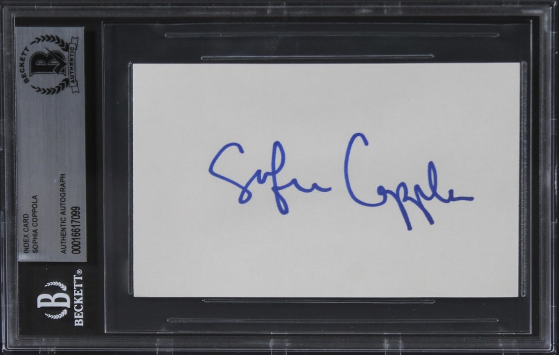 Beckett Authenticated 3x5 Index Card Signed by Sophia Coppola: Beckett Authenticated 3x5 Index Card Signed by Sophia Coppola Authentic original 3x5 index card personally signed by Sophia Coppola, associated with The Godfather Part 3. The autograph has been authen