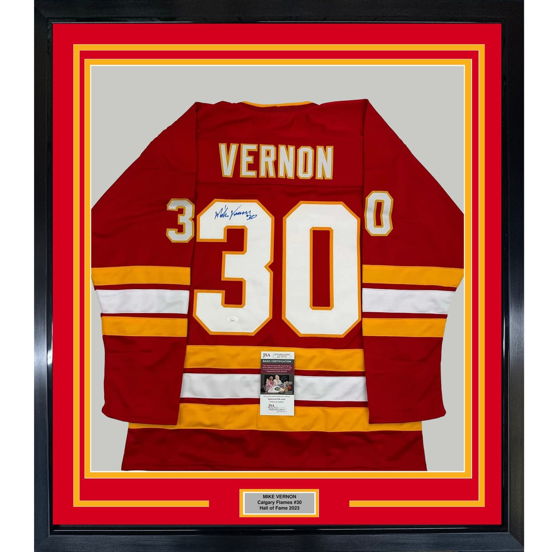 Framed Autographed Mike Vernon Calgary Flames Jersey JSA COA 35x39: Framed Autographed Mike Vernon Calgary Flames Jersey JSA COA 35x39 This professionally framed and matted piece features an autographed Calgary Flames hockey jersey signed by legendary goaltender Mike 